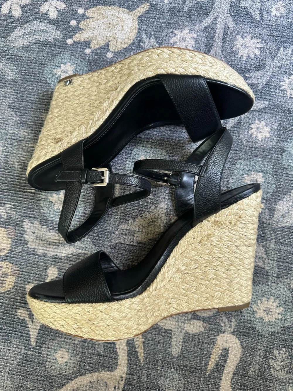 Michael Michael Kors Black Leather Espadrille Platform Wedge Sandals Size 8.5